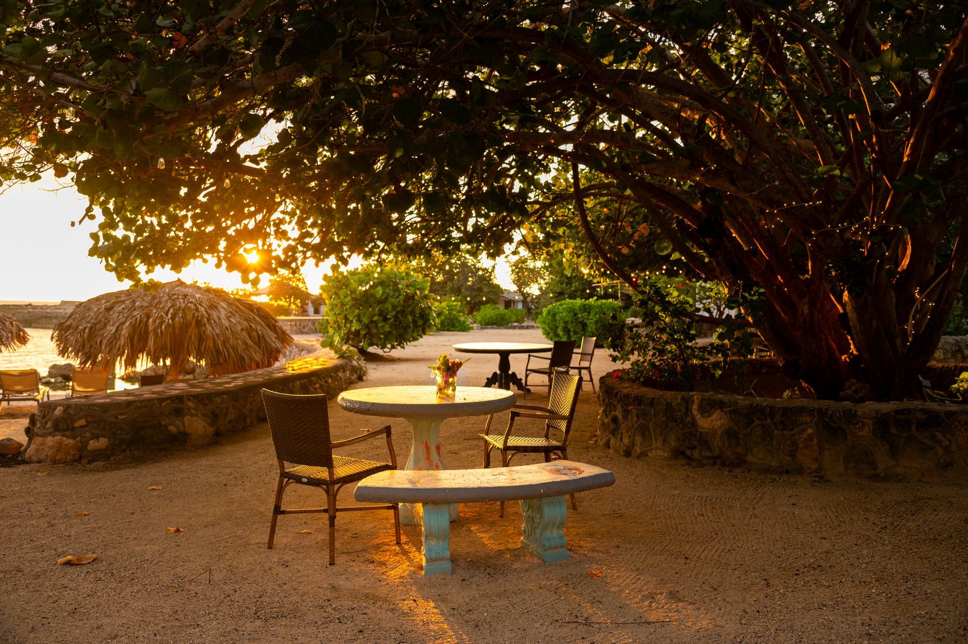 Sunset dinner table setting at Coral Cove in Jamaica.