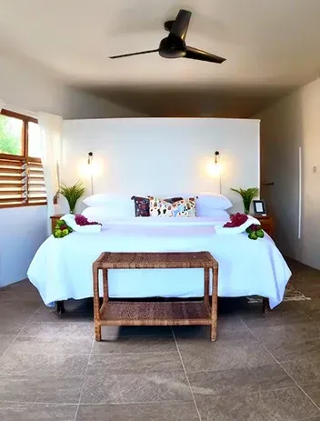A bedroom with a king size bed and a ceiling fan.