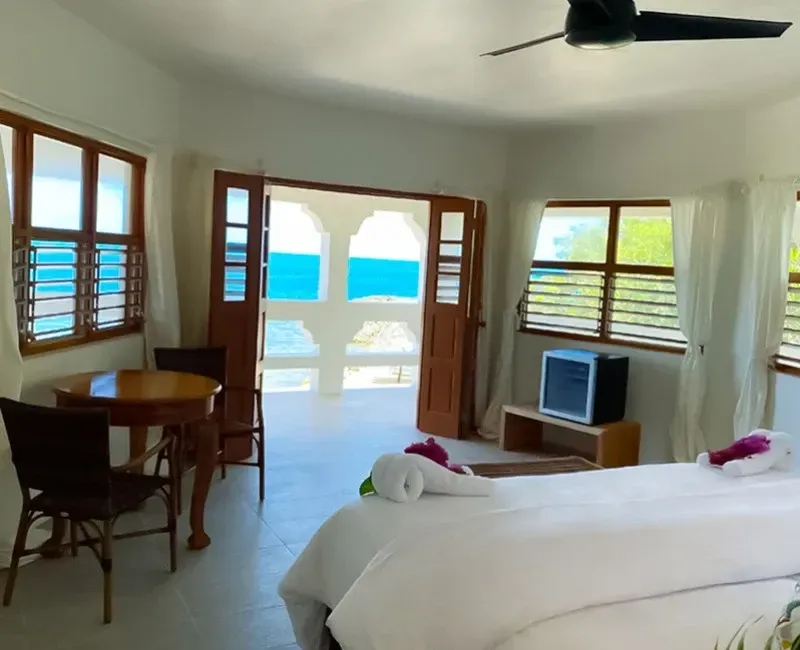 A bedroom with a ceiling fan and a view of the ocean