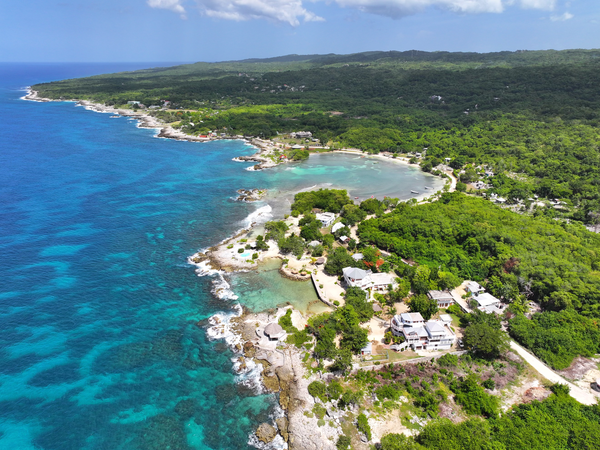 An aerial view of a tropical island with a large body of water surrounded by trees.