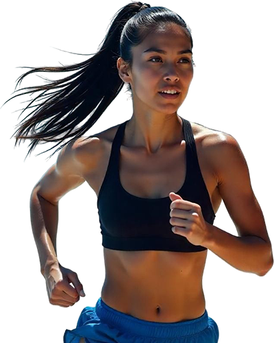 A woman in a black sports bra and blue shorts is running.