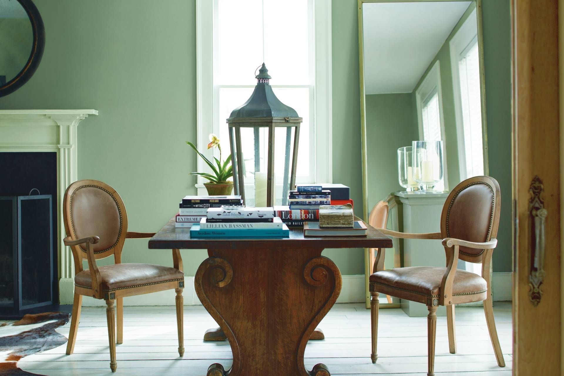A seating area painted in Benjamin Moore Louisburg Green HC-113 near Lexington, Richmond, and George
