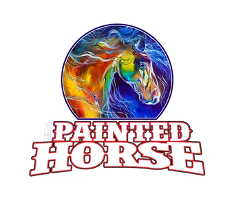 Circular painted horse logo with text beneath