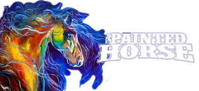 The Painted Horse logo; a rainbow-colored horse with a blue mane beside text