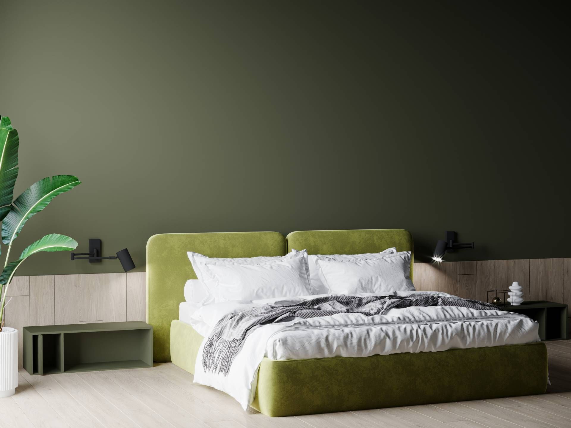 A modern bedroom painted a deep shade of green near Central Kentucky