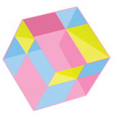 Een roze, blauwe en gele kubus op een witte achtergrond