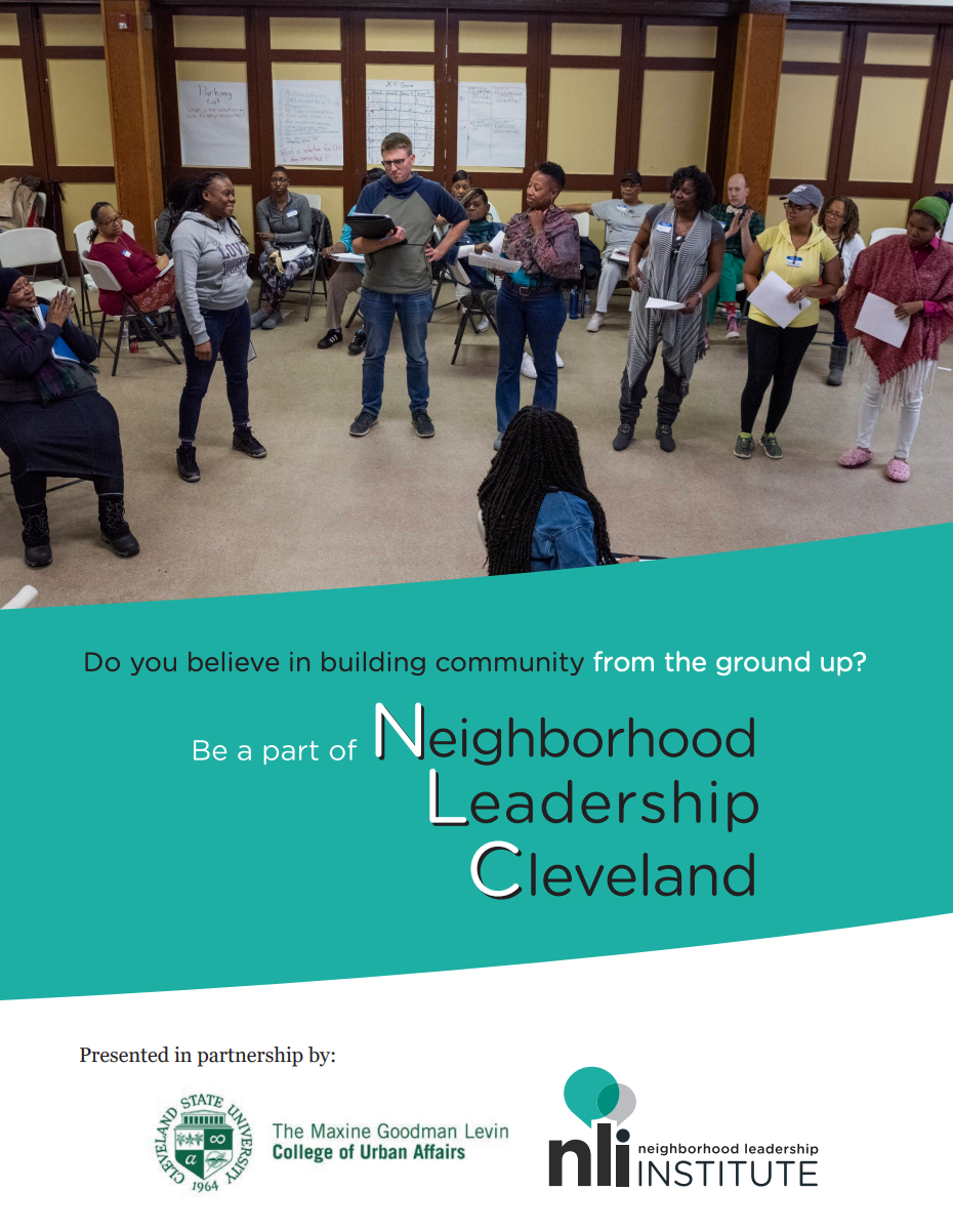 A group of people standing in a room with the words neighborhood leadership cleveland on the bottom