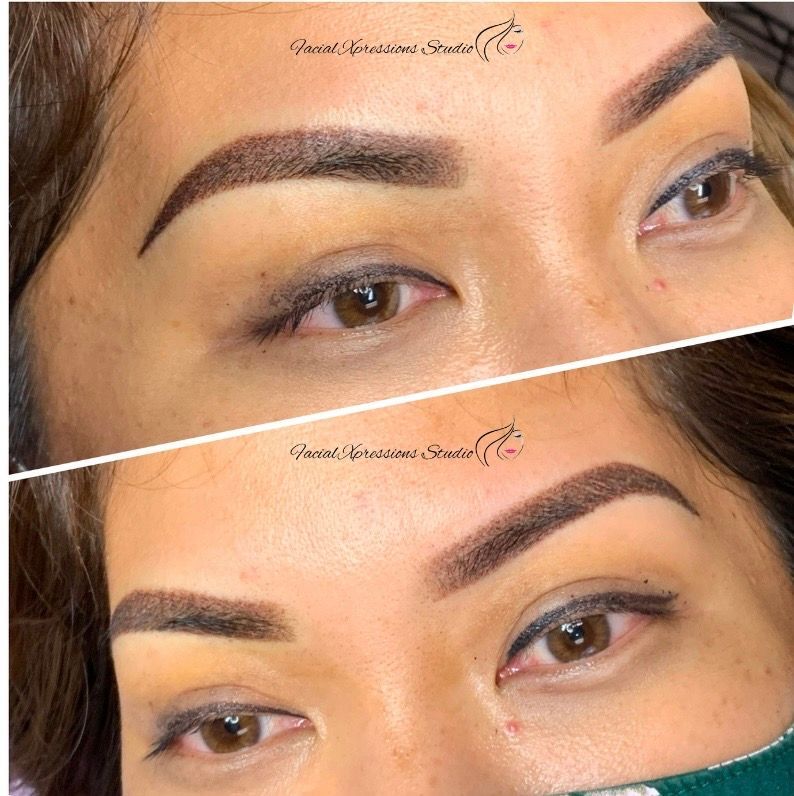 A before and after photo of a woman 's eyebrows.