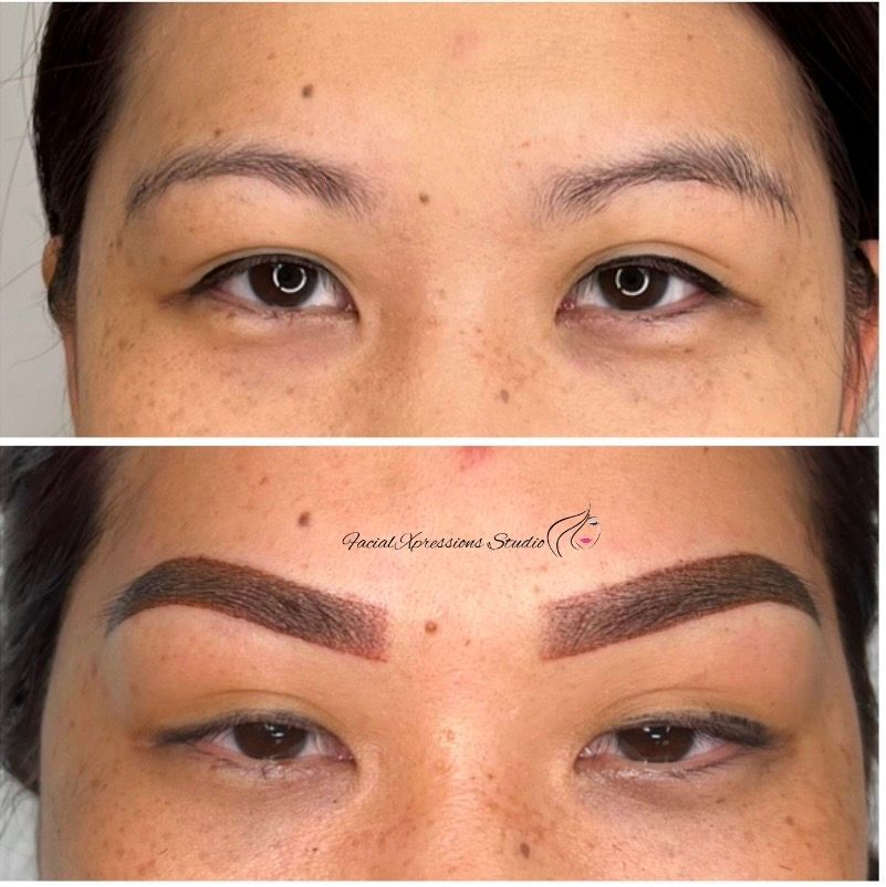 A before and after picture of a woman 's eyebrows.