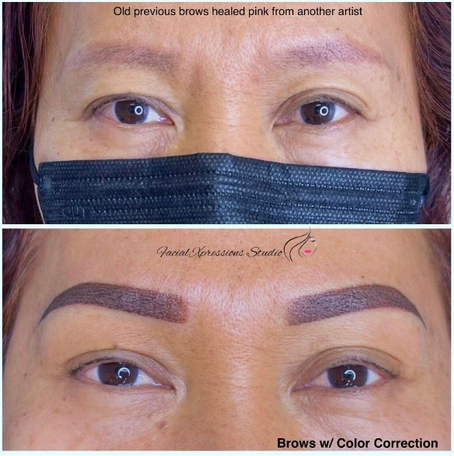 A before and after photo of a woman 's eyebrows