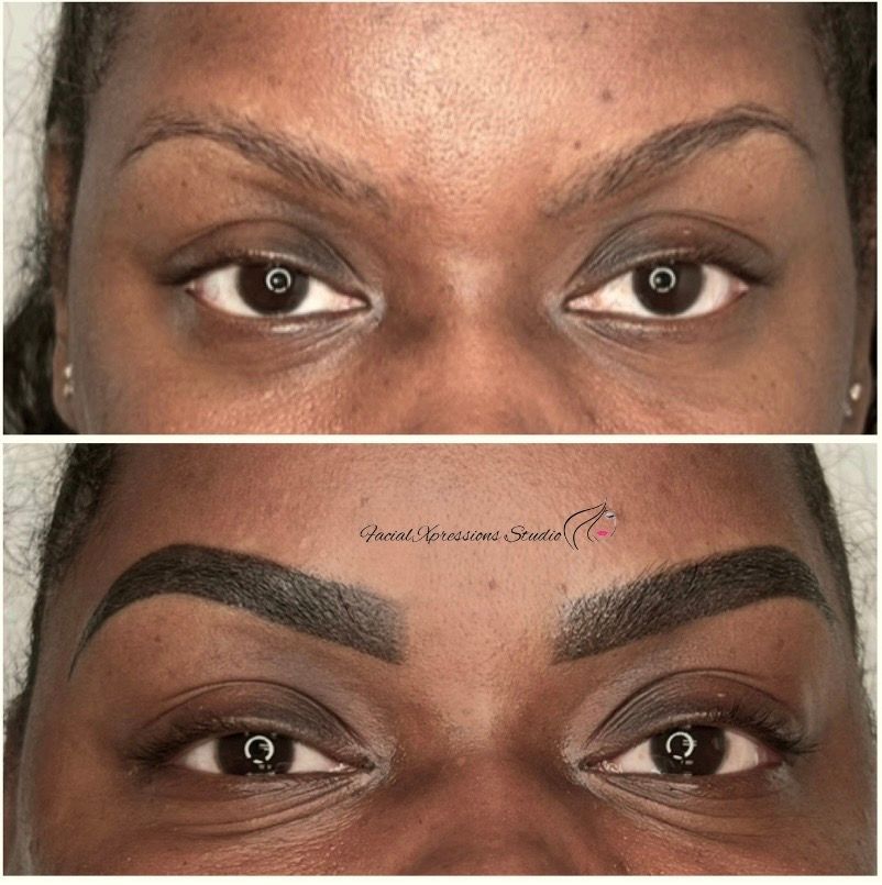 A before and after photo of a woman 's eyebrows.