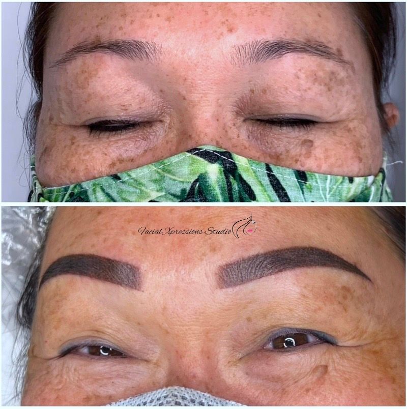 A before and after photo of a woman 's eyebrows.