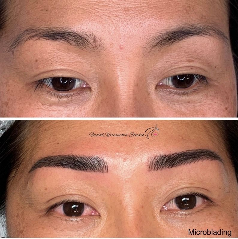 A before and after photo of a woman 's eyebrows.