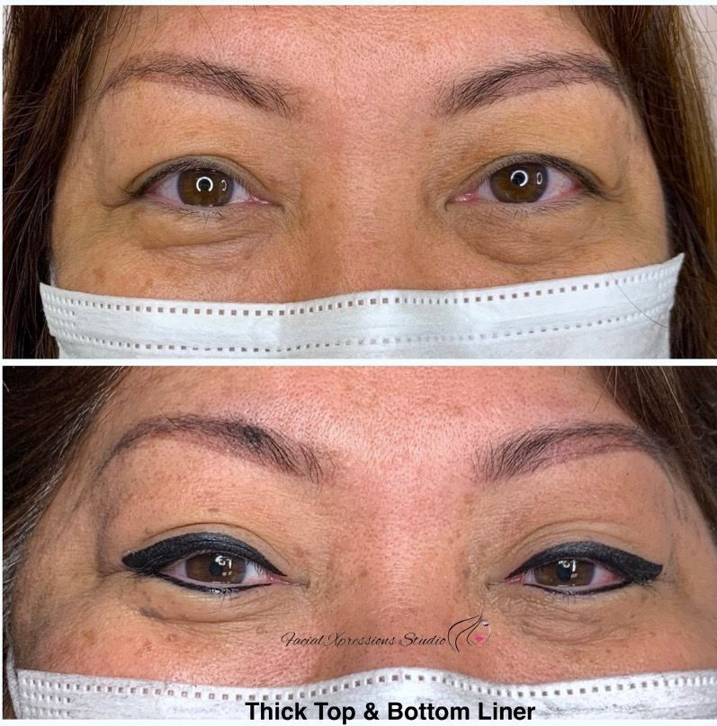 A before and after photo of a woman 's eyes with thick top and bottom liner.