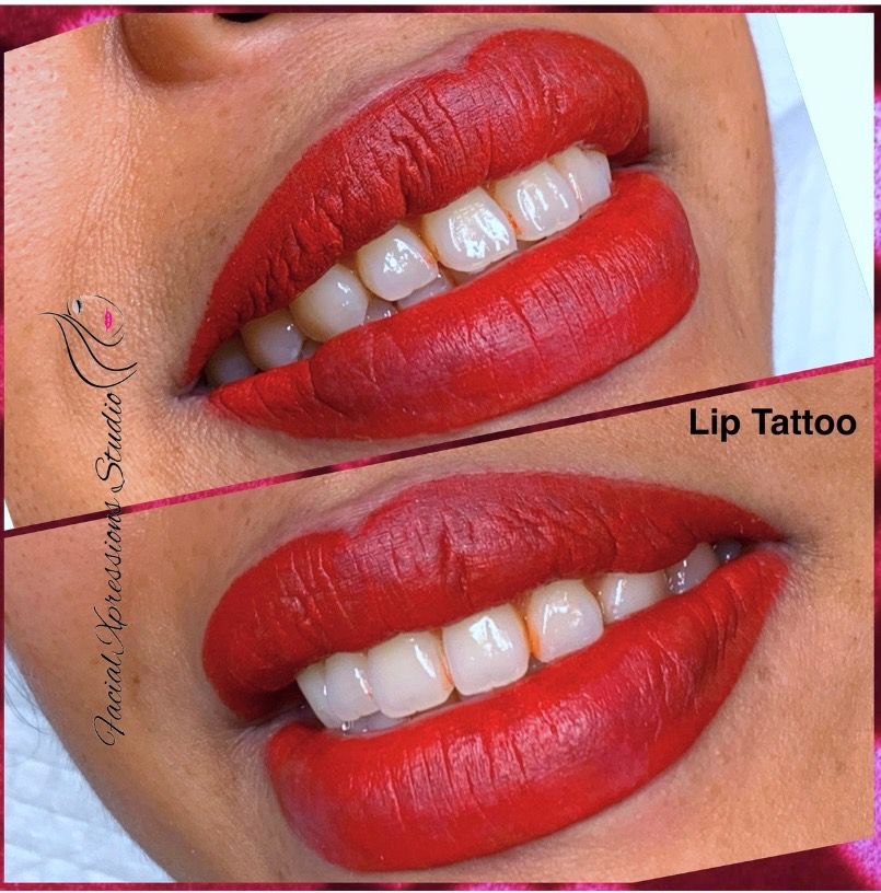 A woman with red lips has a lip tattoo