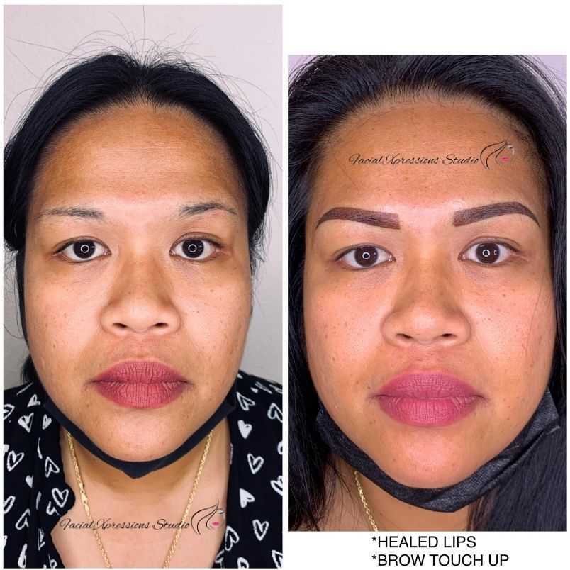 A before and after photo of a woman 's face with a mask on.