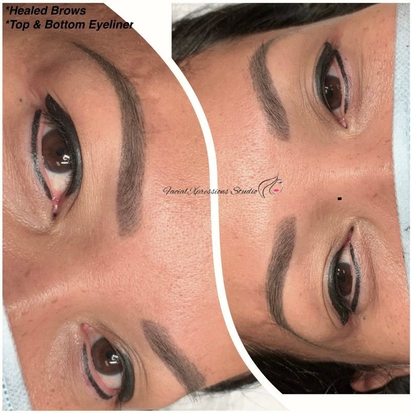 A before and after photo of a woman 's eyebrows and eyeliner