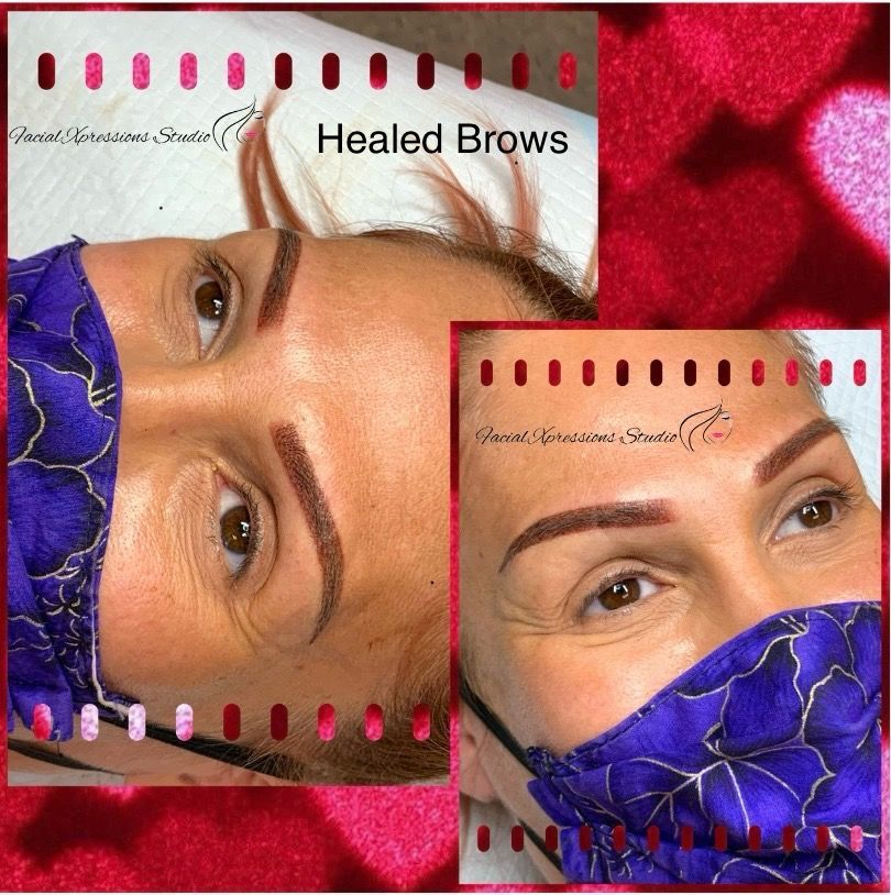 A woman wearing a blue mask has healed eyebrows