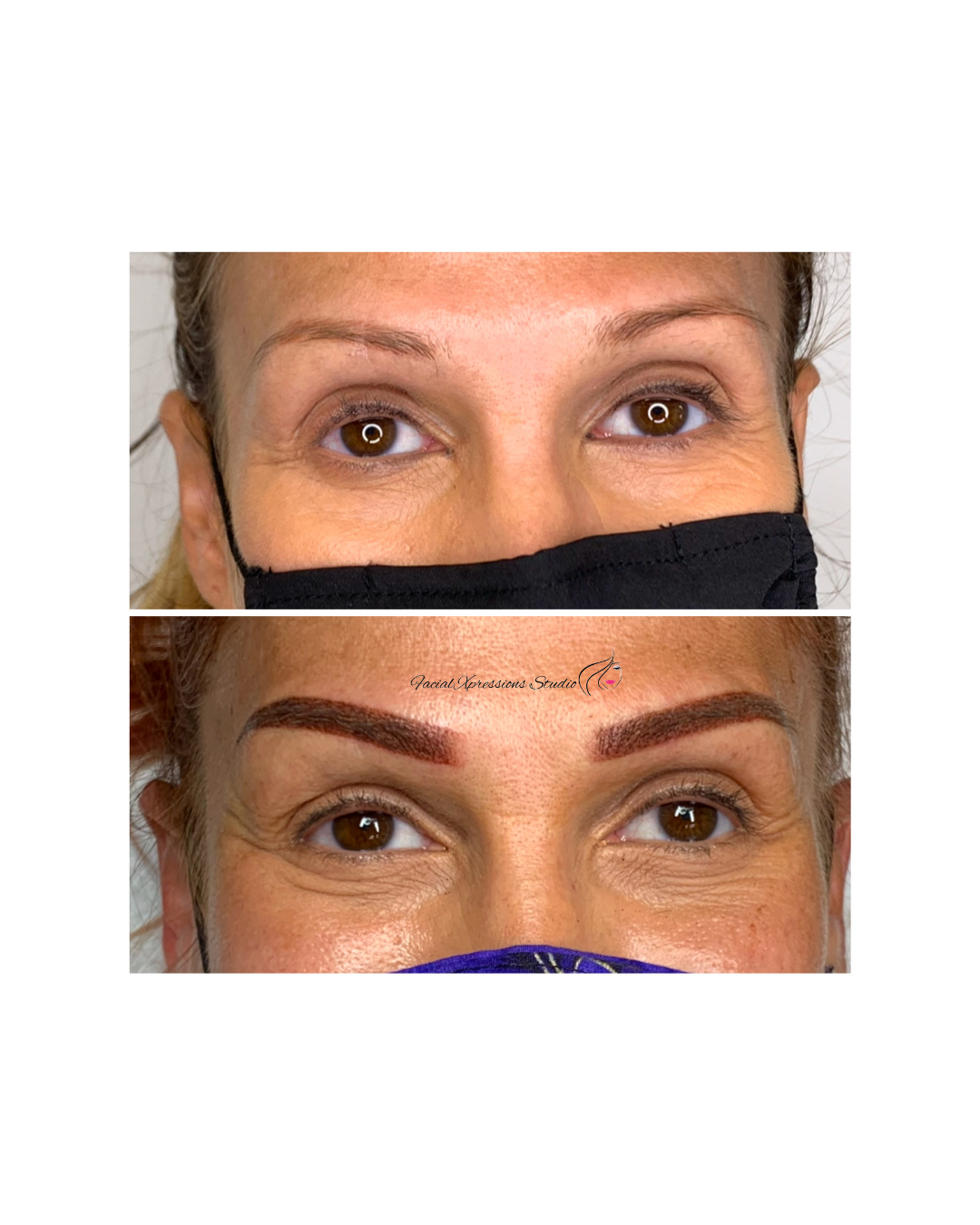 A before and after photo of a woman with a mask on her face.