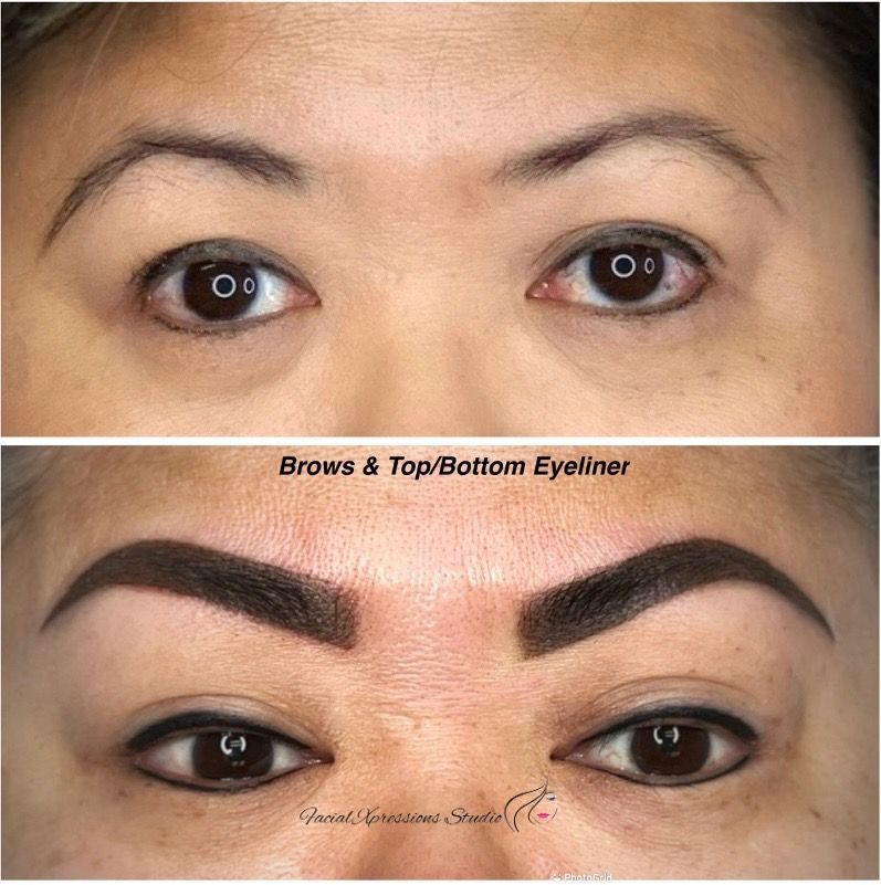 A before and after picture of a woman 's eyebrows and eyeliner