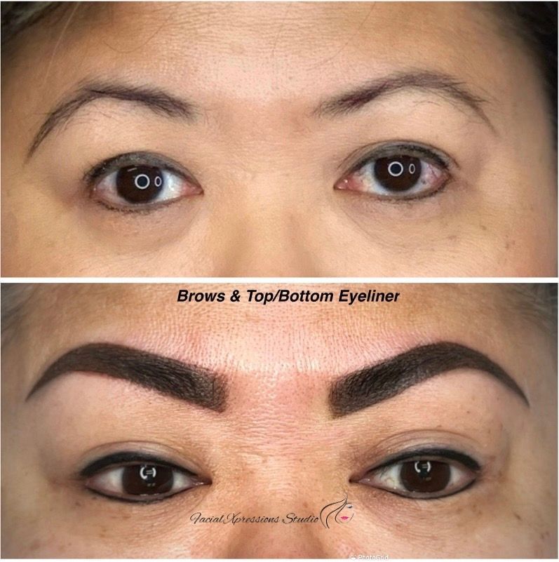 A before and after picture of a woman 's eyebrows and eyeliner