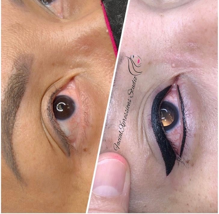 A before and after photo of a woman 's eye