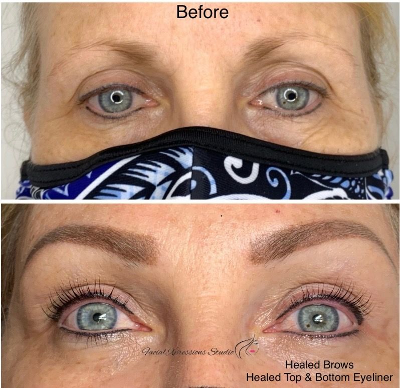 A before and after photo of a woman 's eyebrows and eyeliner.