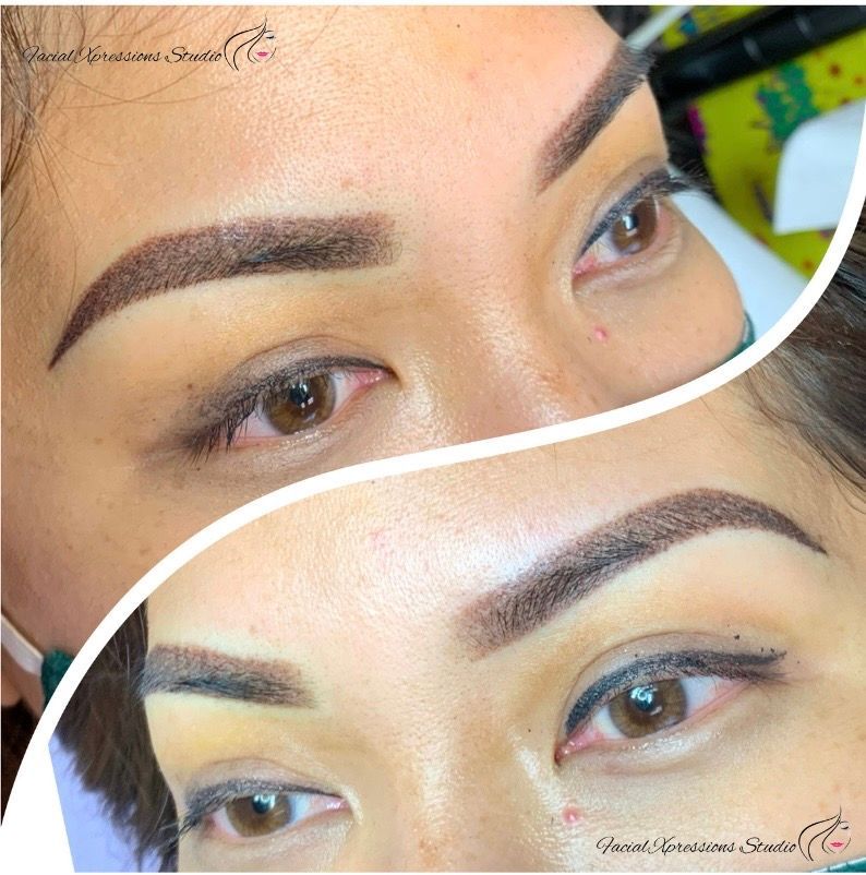 A collage of two pictures of a woman 's eyebrows