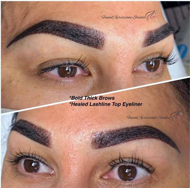 A before and after picture of a woman 's eyebrows