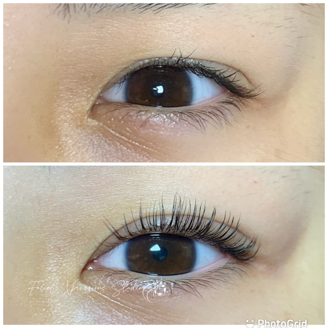 A before and after picture of a woman 's eye with lashes.