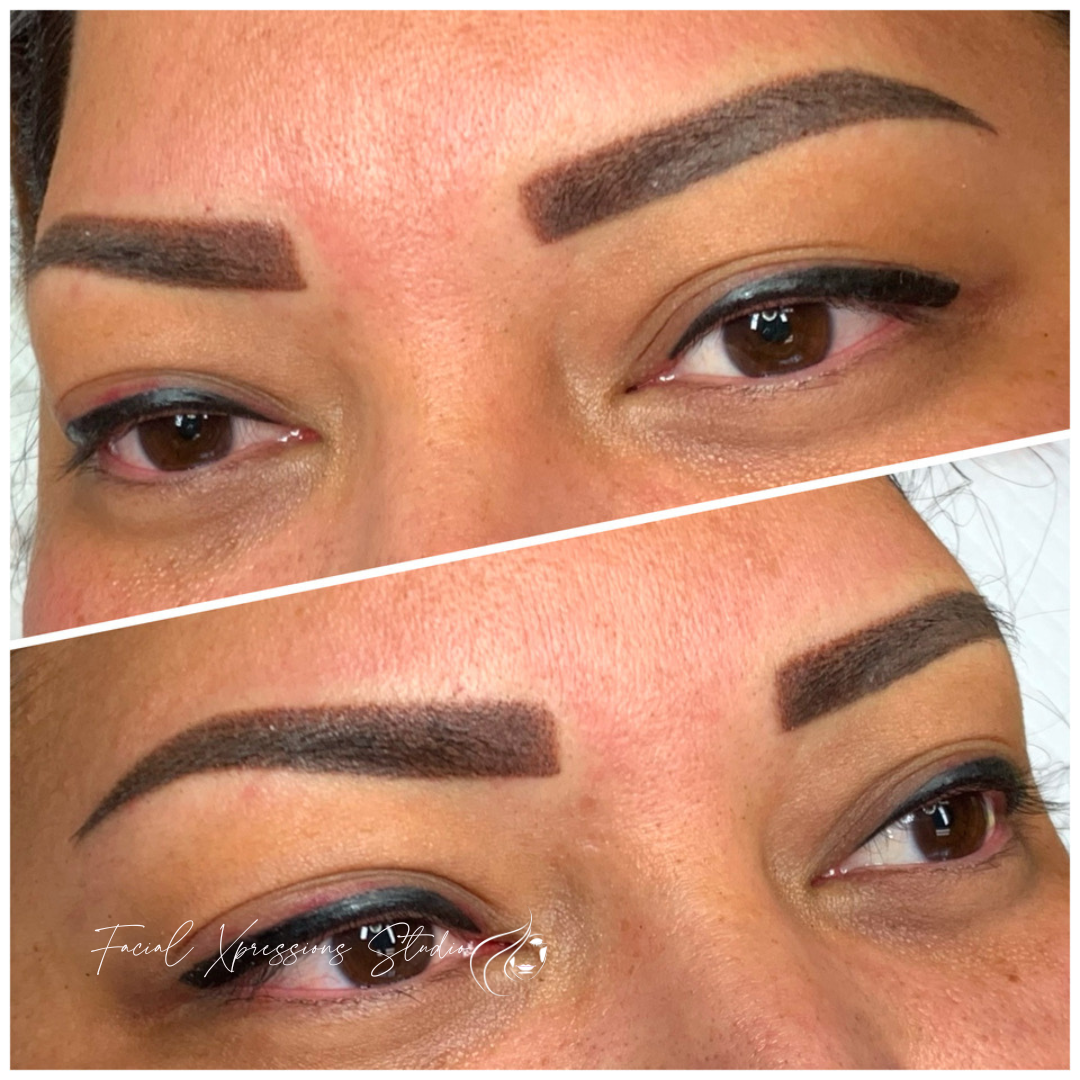 A before and after photo of a woman 's eyebrows