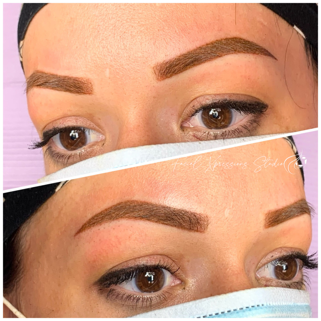A before and after photo of a woman 's eyebrows.
