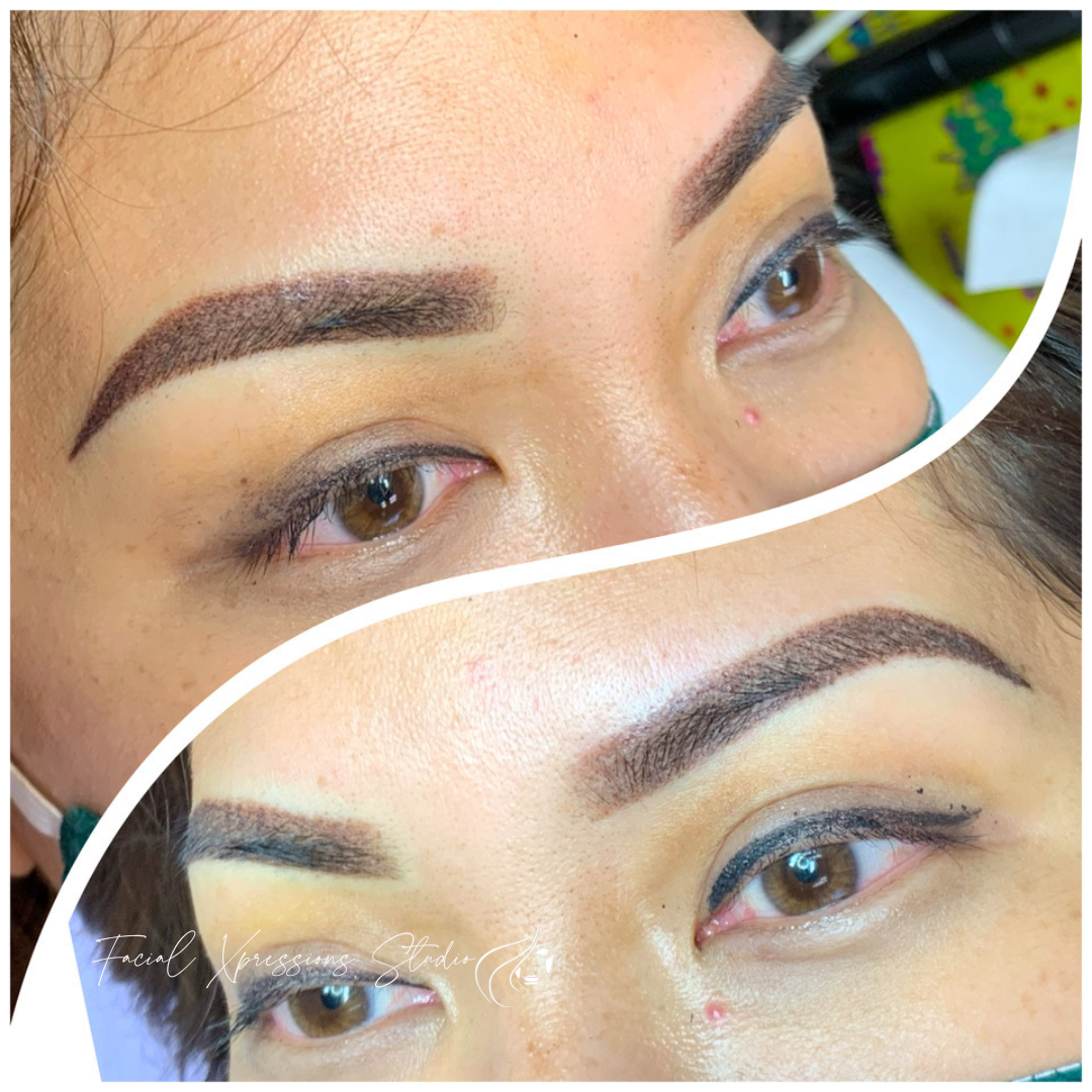 A collage of two pictures of a woman 's eyebrows
