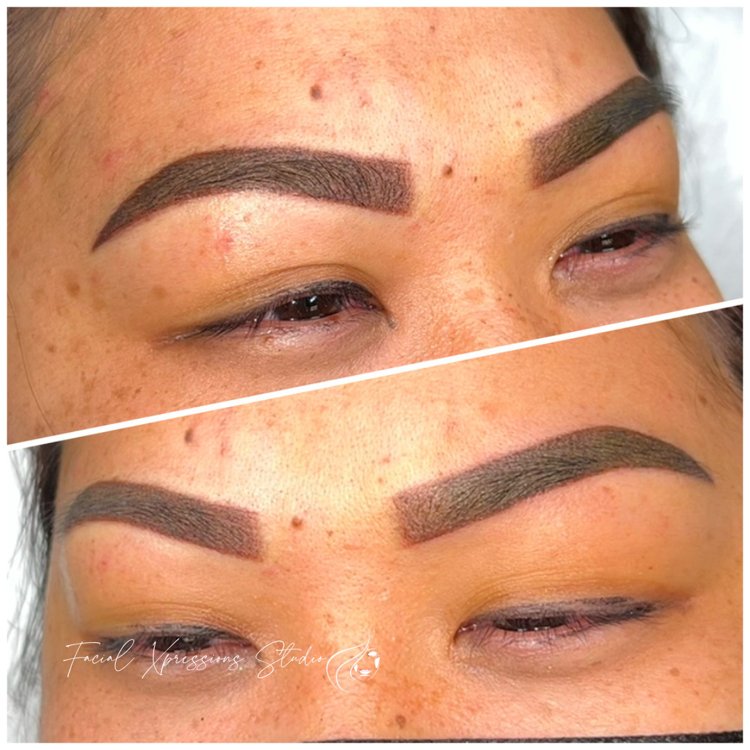 A before and after photo of a woman 's eyebrows.