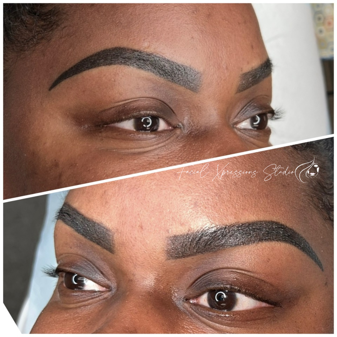 A before and after picture of a woman 's eyebrows