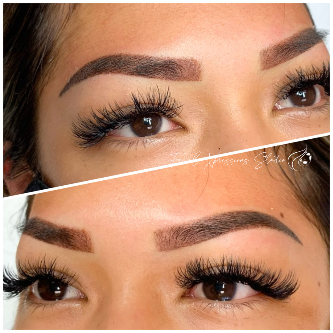 A before and after picture of a woman 's eyebrows