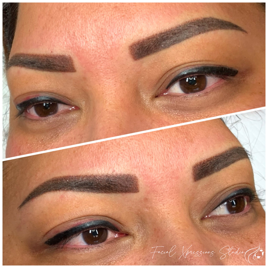 A before and after picture of a woman 's eyebrows