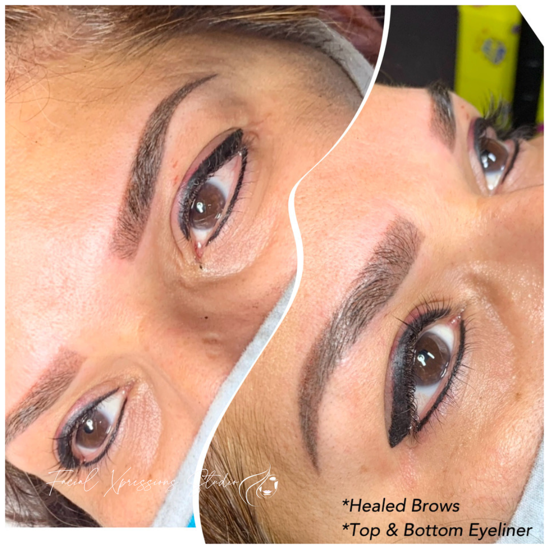 A woman with healed brows and top and bottom eyeliner
