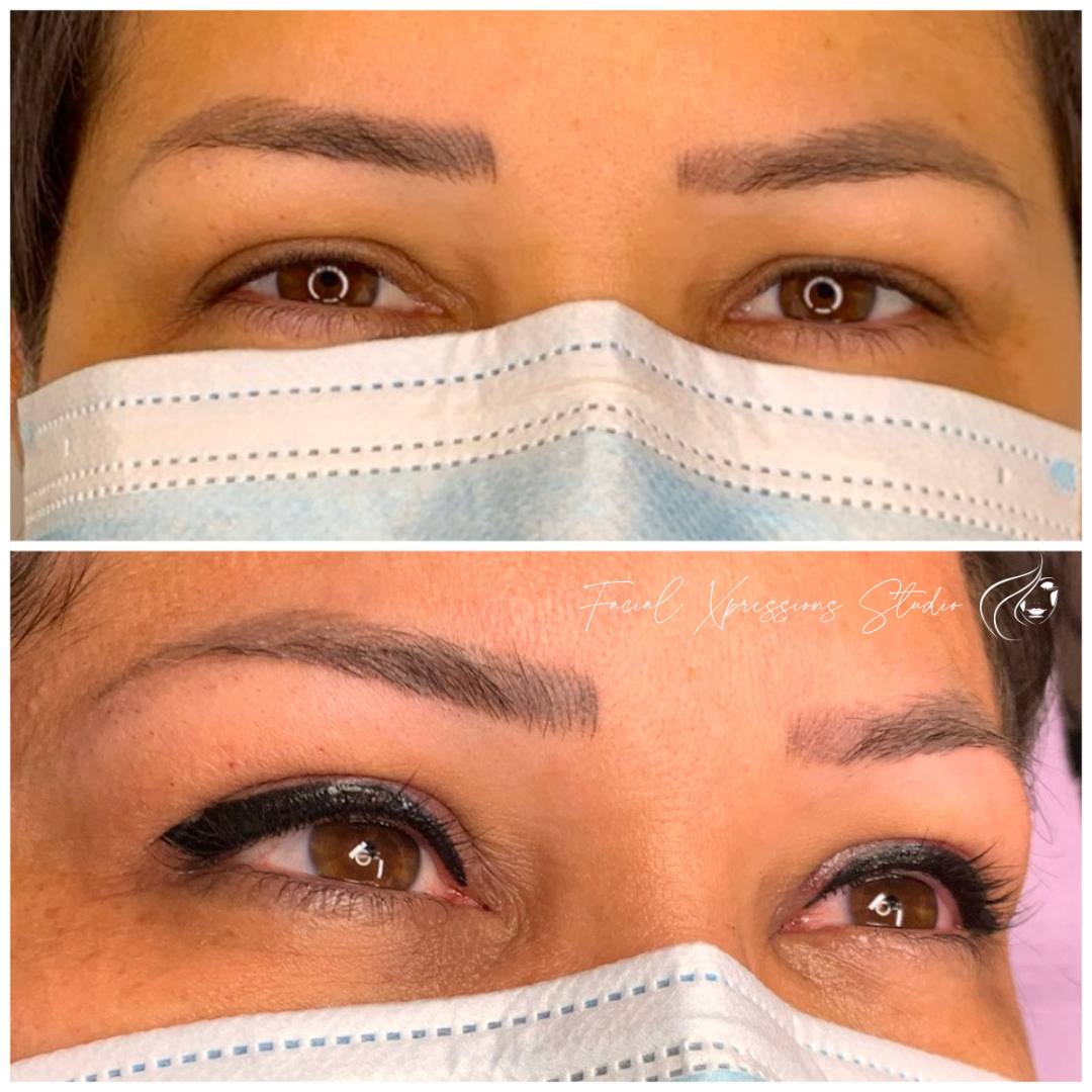 A before and after photo of a woman wearing a mask.
