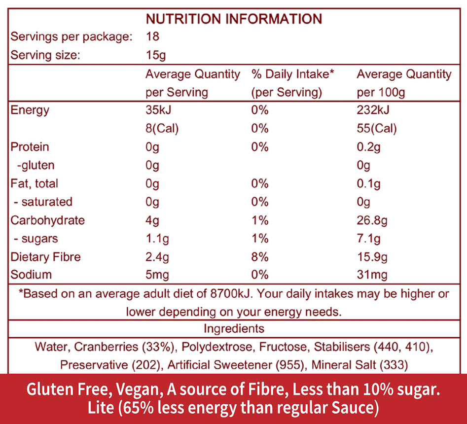 A nutrition information table shows that gluten free vegan a source of fibre less than 10 % sugar lite 65 % less energy than regular sauce