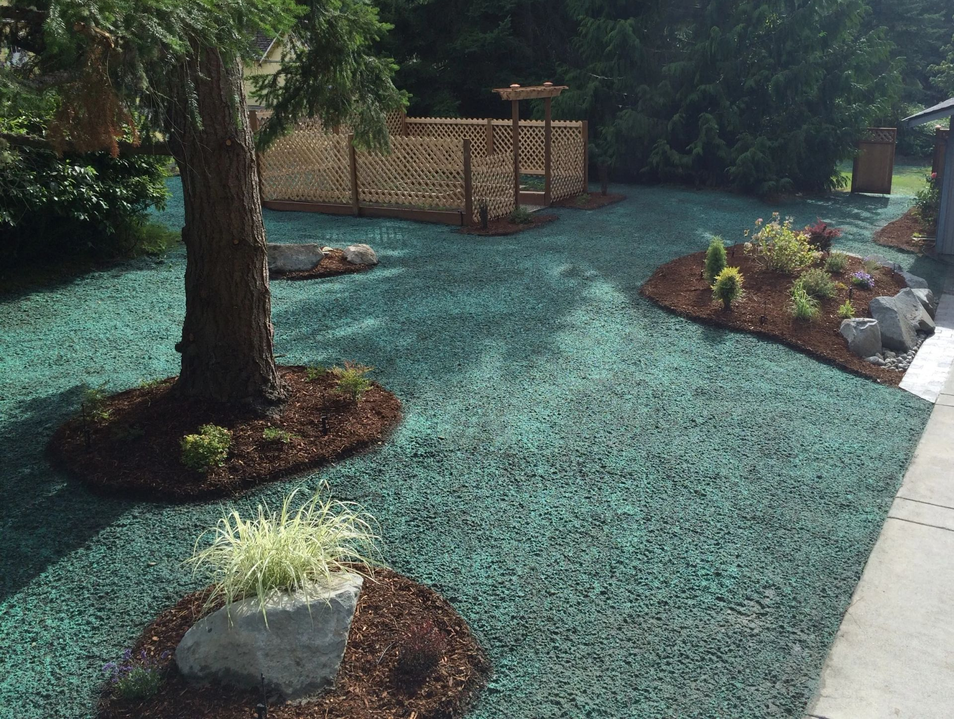 Green yard with mulch-lined trees, shrubs, rocks, and wooden lattice fence in a sunny outdoor setting.