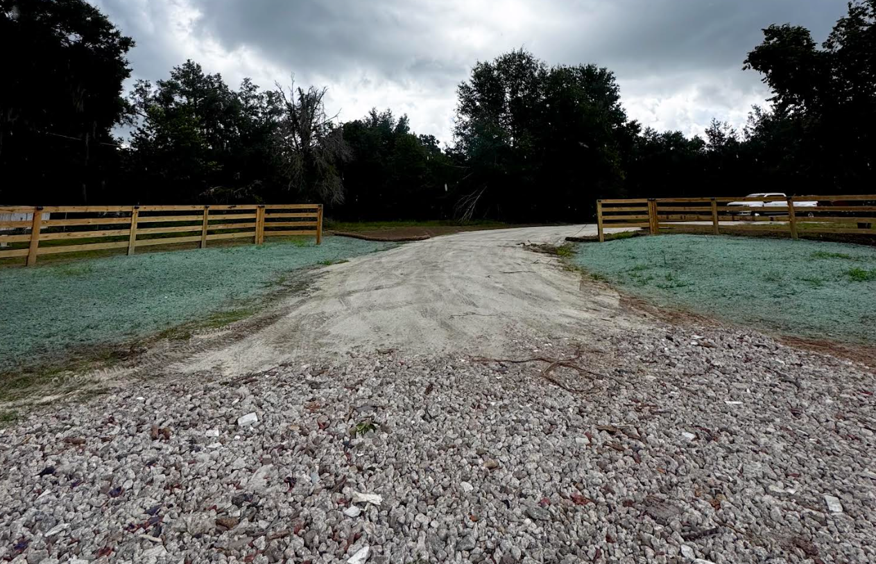 Gravel driveway leading to a dark forest. Wooden fences border the grassy areas. Overcast sky.