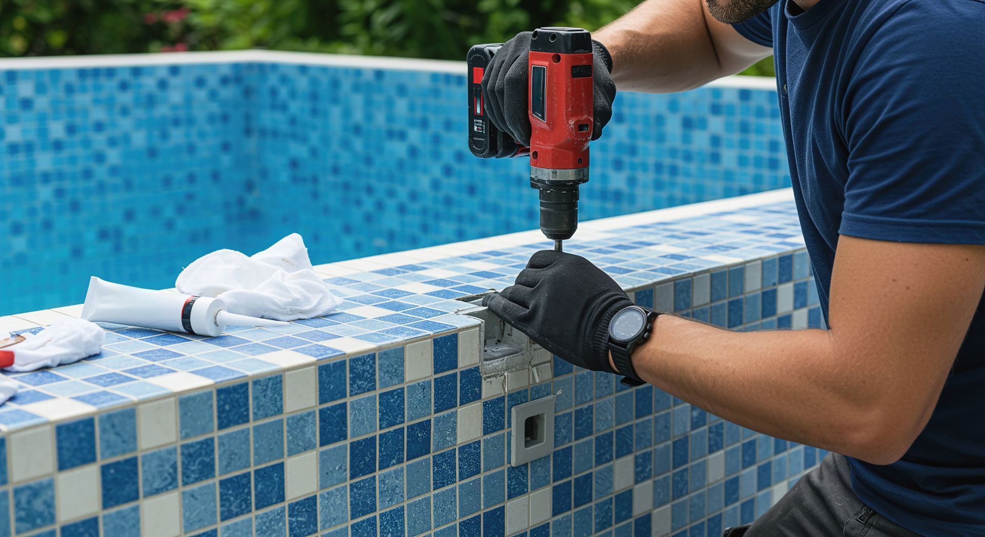 Professional pool repair contractor using a power drill to fix blue mosaic tiles on a swimming pool.
