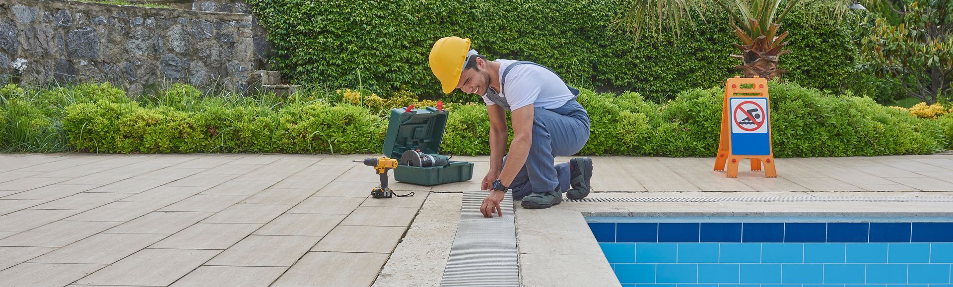 Pool grid and grill repair style with repairman.