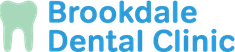 Logo for Brookdale Dental Clinic with a light green tooth icon and blue text.