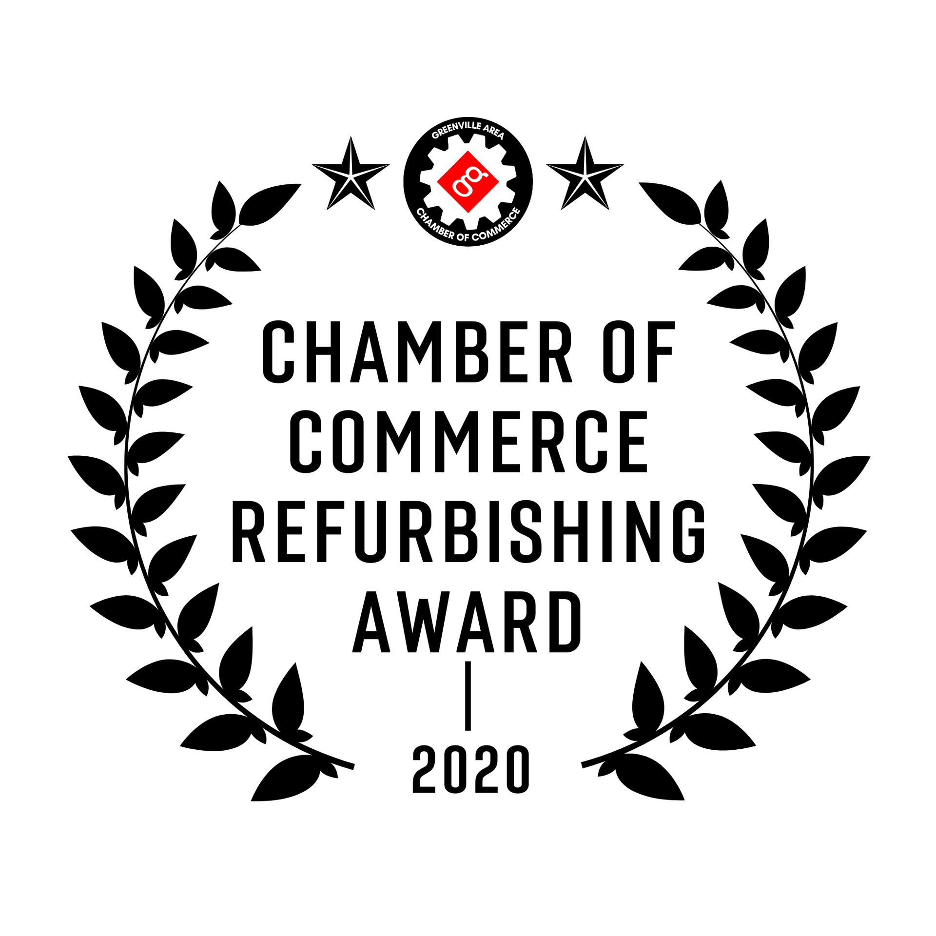 A black and white award graphic featuring a laurel wreath, a small central logo, and the text 