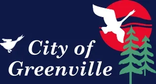 The City of Greenville logo on a dark blue background featuring a red circle, two green pine trees, and white birds.