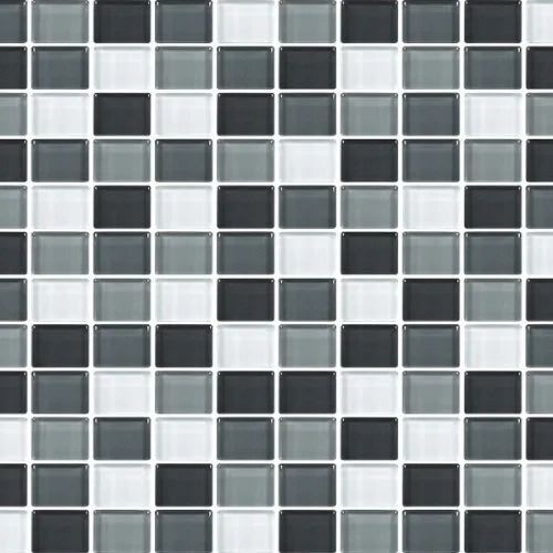 A pattern of square glass tiles in alternating shades of white, light gray, and dark charcoal.