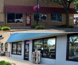 A split-screen showing a store exterior before and after a renovation, featuring new blue awnings and grey paint.