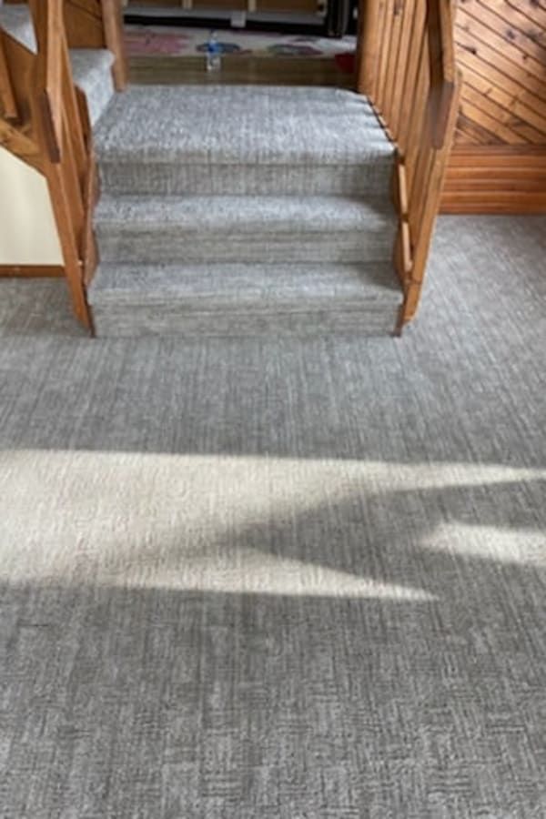A short set of carpeted stairs leading to a doorway, flanked by wooden railings, with sunlight casting shadows on the floor.